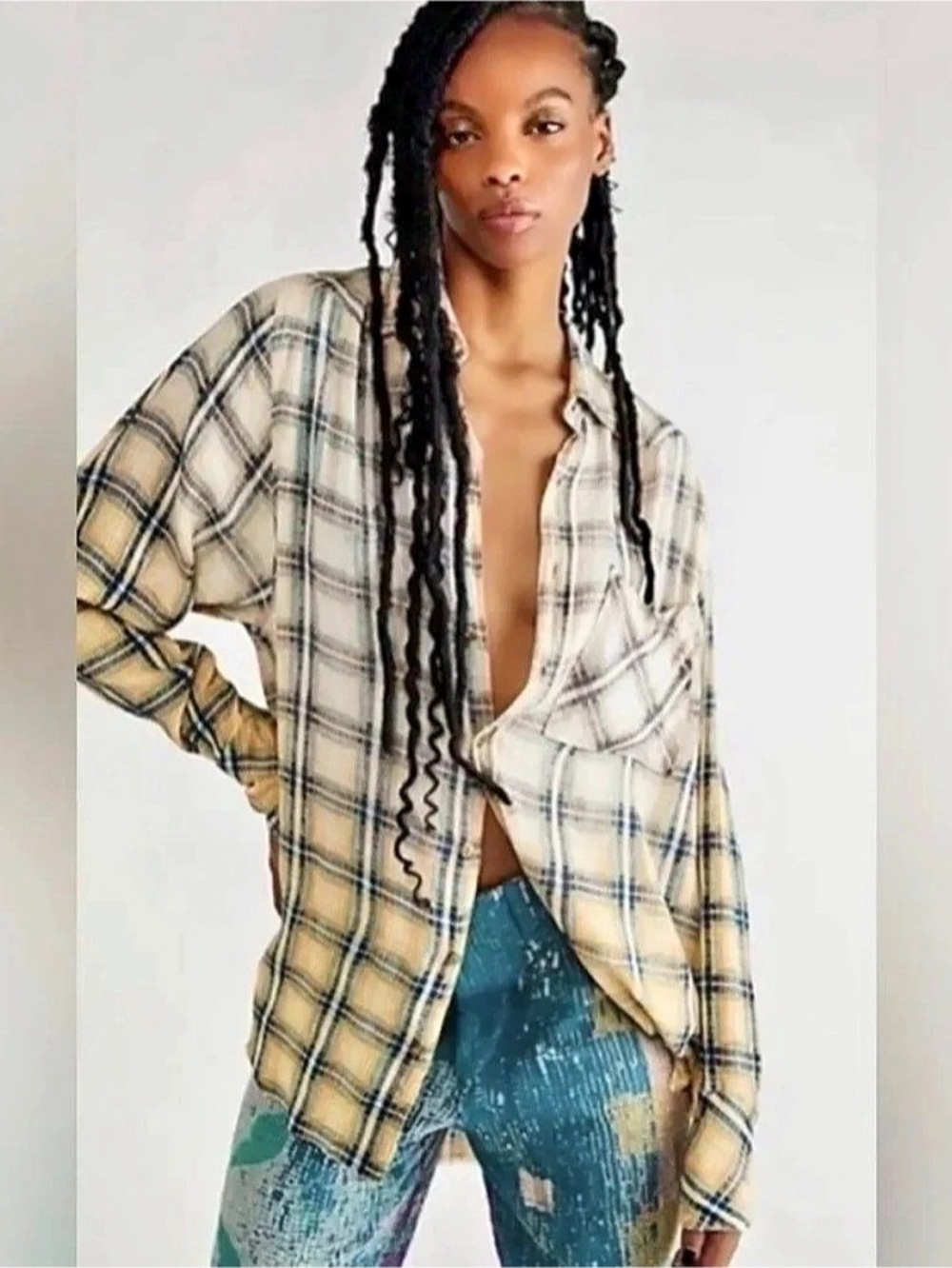 Free People We The Free Ashley Plaid Shirt Yellow & Blue